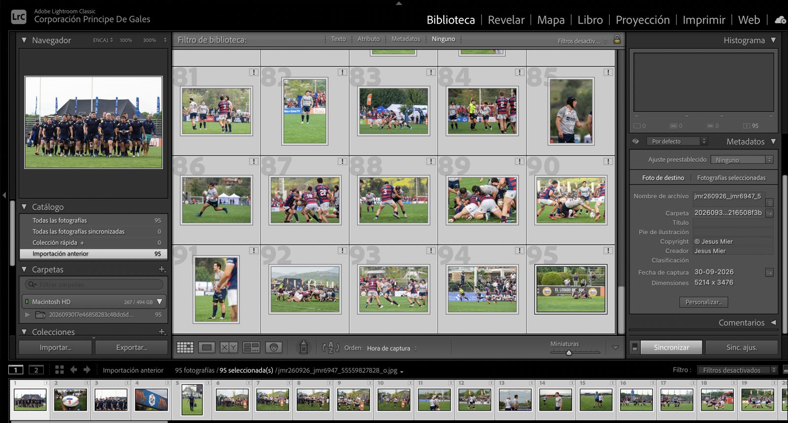 Biblioteca de Lightroom Classic con una galería de fotos de rugby